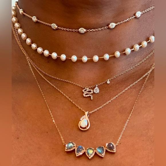 💖SOLD!💖 14K Pink Opal & Diamond Modernist Pendant Necklace in Solid Rose Gold - Picture 7 of 9